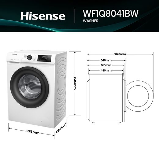 Hisense 1Q Series WF1Q8041BW 8kg Washing Machine with 1400 rpm - White - dimensions